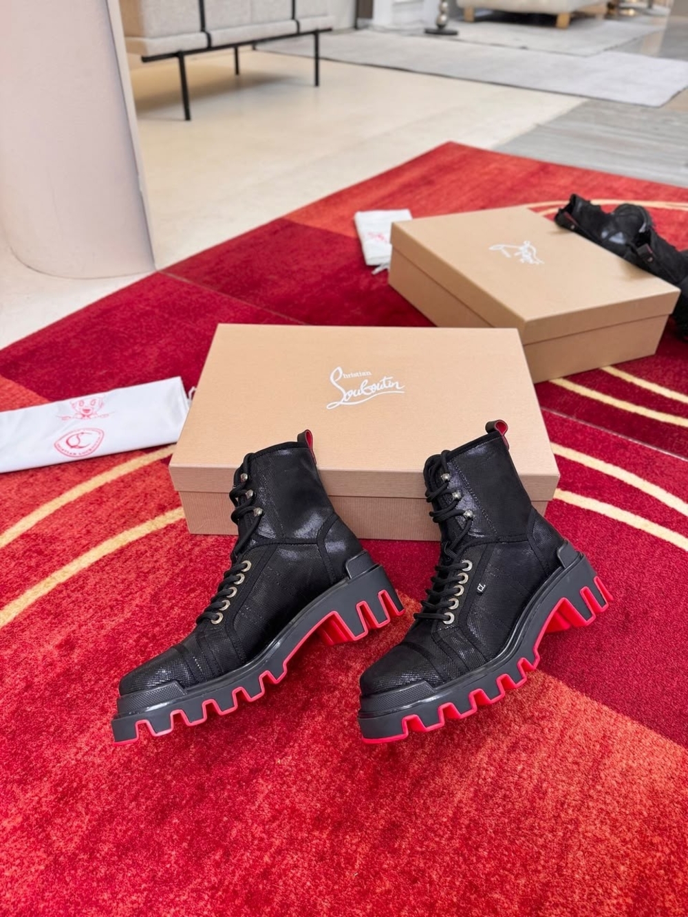 Christian Louboutin Black Leather Combat Boots with Red Lug Sole